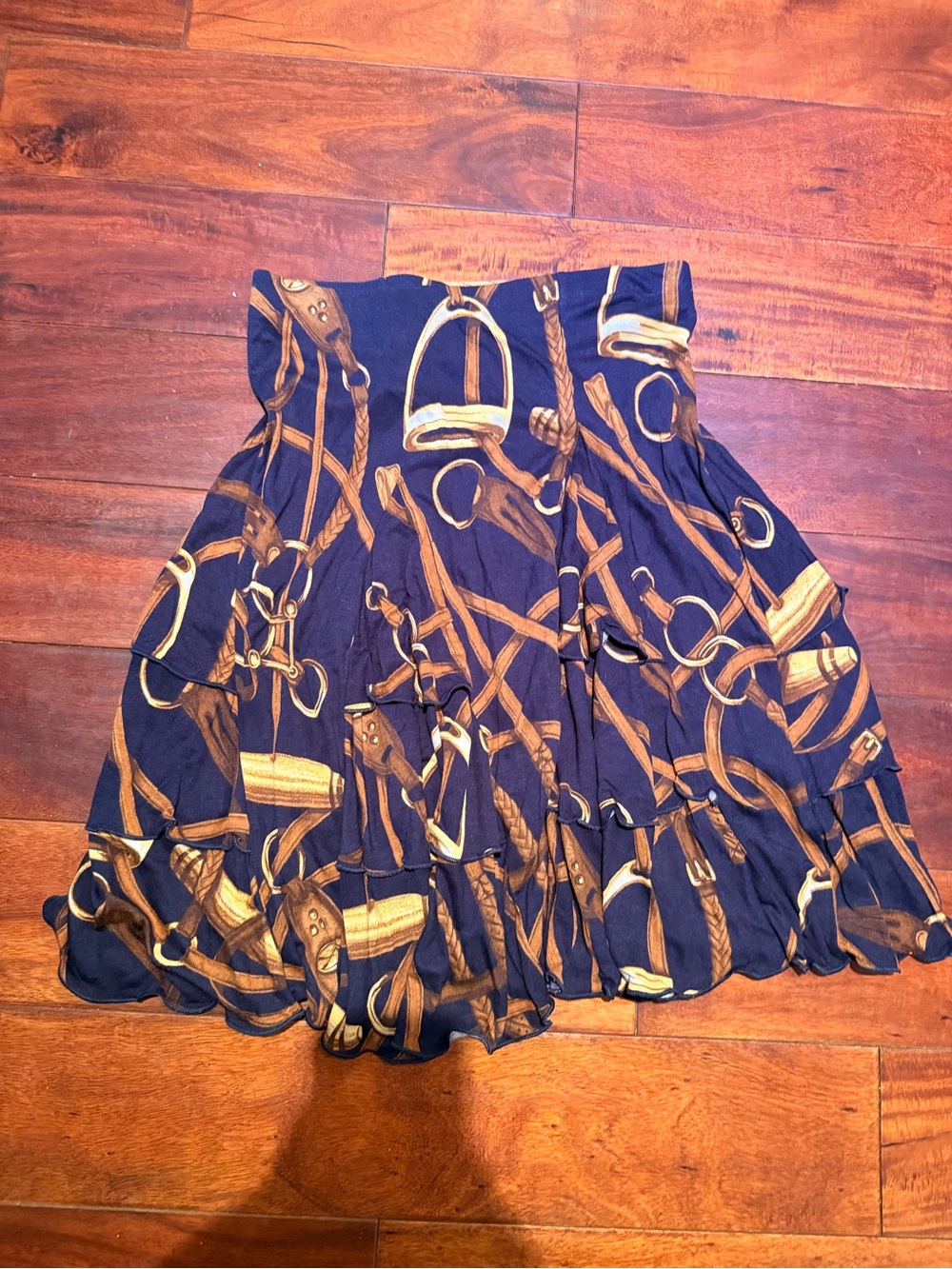 Vintage Ralph Lauren Navy Midi Skirt with Gold Equestrian Print - Picture 2 of 7